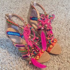 Express Aztec Feather Front Lace Up Heels